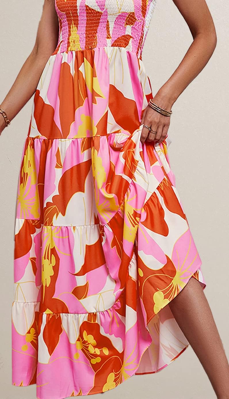 Women's Summer Casual Maxi Dress Spaghetti Strap Square Neck Boho Beach Long Sun Dresses - Orange Floral - Image 6