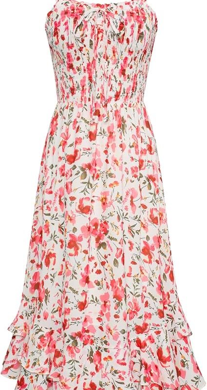Women's 2026 Summer Floral Boho Dress Square Neck Strapped Swing A Line Sundress Beach Long Maxi Outfits - Pink Floral