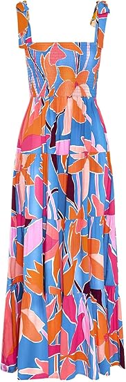 Women's Summer Casual Maxi Dress Spaghetti Strap Square Neck Boho Beach Long Sun Dresses - Red Floral