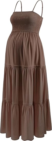 Summer Maxi Dress with Removed Strap, Stapless Bohemian Beach Long Photoshoot/Baby Shower Dresses - Brown