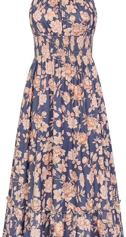 Summer Dresses for Women 2026 Vacation,Smocked Floral Maxi Dress,Boho Beach Sundress with Pocket Fashion Clothing - Navy Blue Floral