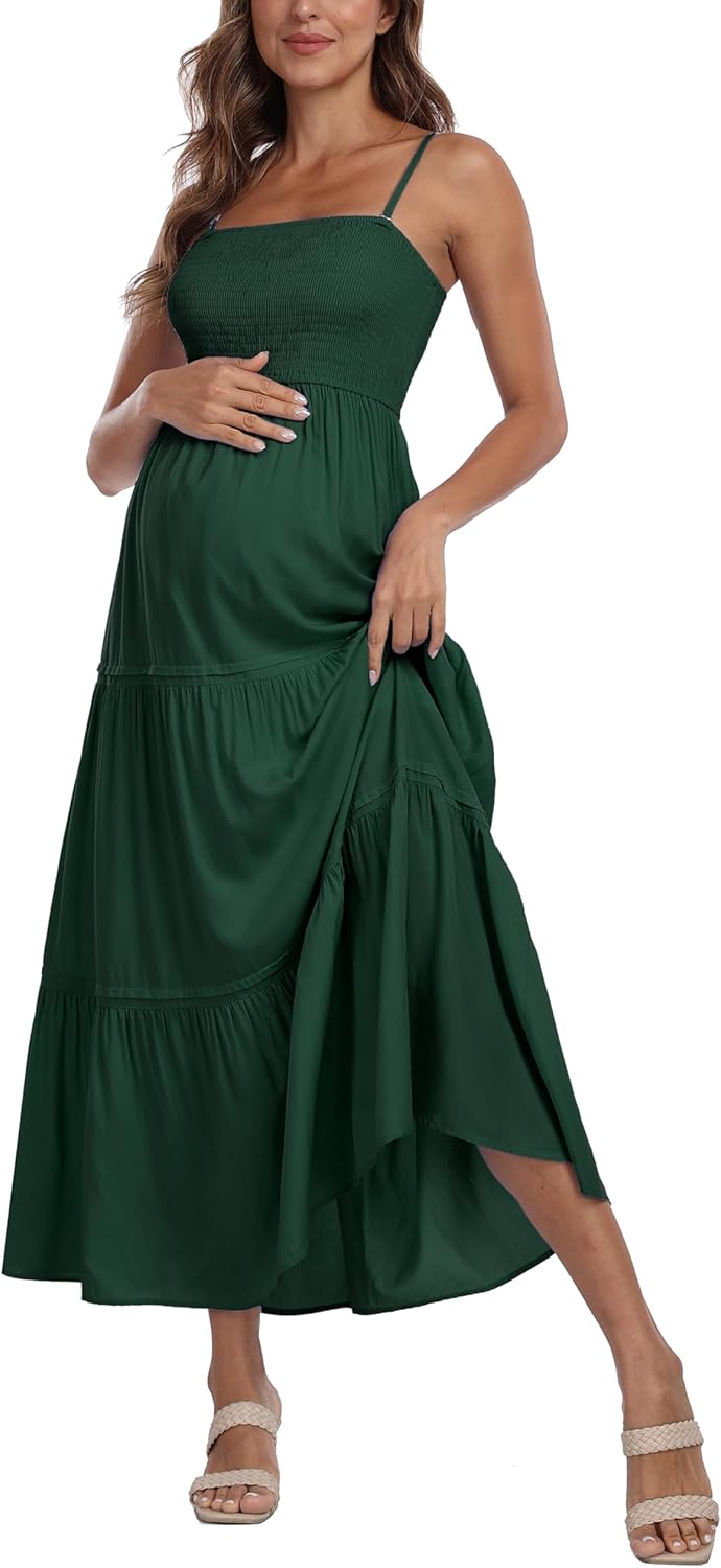 Summer Maxi Dress with Removed Strap, Stapless Bohemian Beach Long Photoshoot/Baby Shower Dresses - Dark Green - Image 3