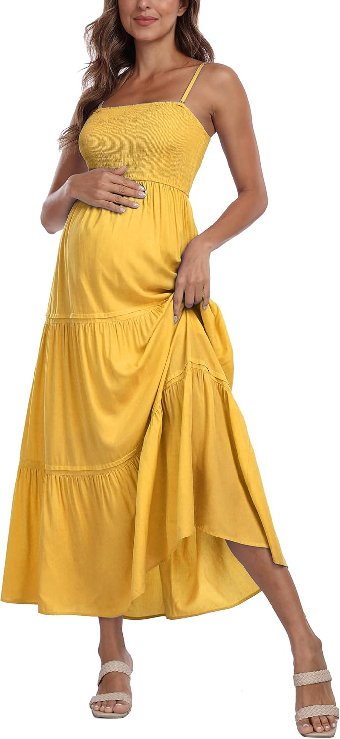 Summer Maxi Dress with Removed Strap, Stapless Bohemian Beach Long Photoshoot/Baby Shower Dresses - Yellow - Image 3