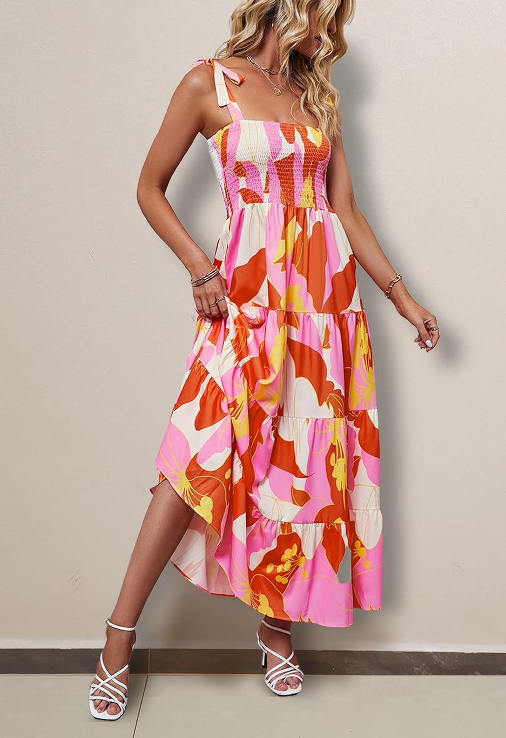 Women's Summer Casual Maxi Dress Spaghetti Strap Square Neck Boho Beach Long Sun Dresses - Orange Floral - Image 2