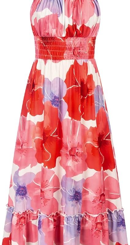 Summer Dresses for Women 2026 Vacation,Smocked Floral Maxi Dress,Boho Beach Sundress with Pocket Fashion Clothing - Red Floral