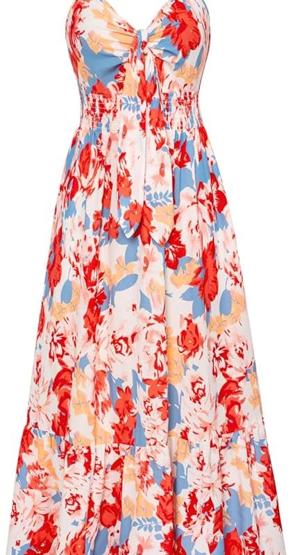 Womens Summer Floral Maxi Dresses 2026 Long Flowy Boho Dress Beach Vacation Sundresses Casual Clothes with Pocket - Blue Red Floral