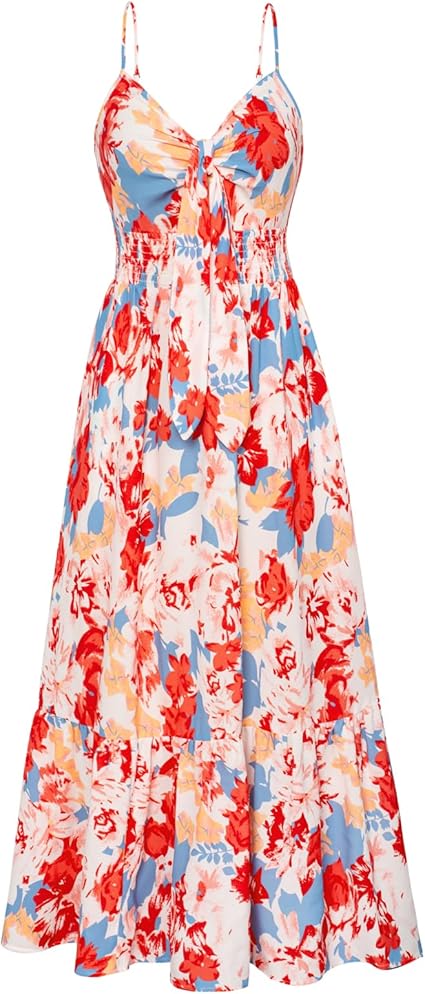 Womens Summer Floral Maxi Dresses 2026 Long Flowy Boho Dress Beach Vacation Sundresses Casual Clothes with Pocket - Blue Red Floral
