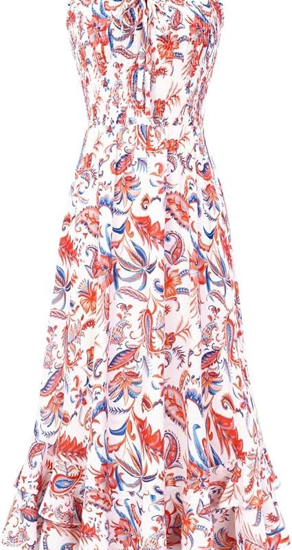 Women's 2026 Summer Floral Boho Dress Square Neck Strapped Swing A Line Sundress Beach Long Maxi Outfits - Orange Blue