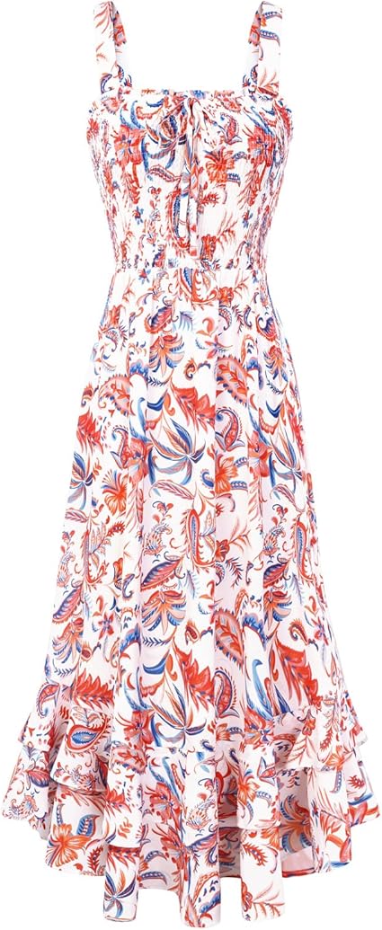 Women's 2026 Summer Floral Boho Dress Square Neck Strapped Swing A Line Sundress Beach Long Maxi Outfits - Orange Blue