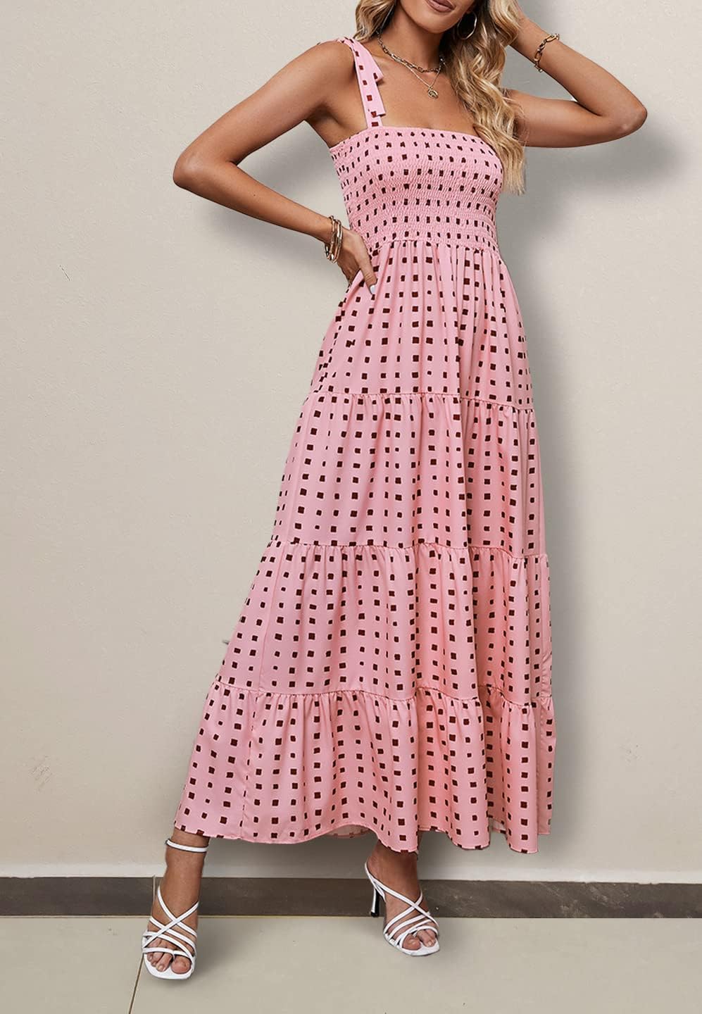 Women's Summer Casual Maxi Dress Spaghetti Strap Square Neck Boho Beach Long Sun Dresses - Pink - Image 2