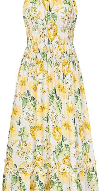 Summer Dresses for Women 2026 Vacation,Smocked Floral Maxi Dress,Boho Beach Sundress with Pocket Fashion Clothing - Yellow White