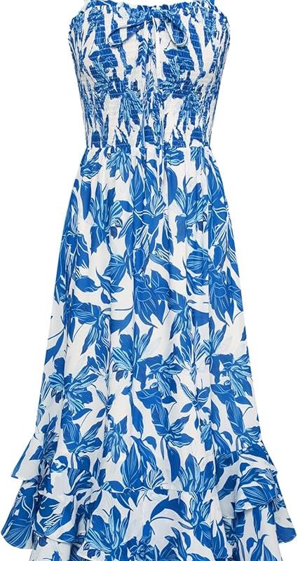 Women's 2026 Summer Floral Boho Dress Square Neck Strapped Swing A Line Sundress Beach Long Maxi Outfits - Blue White