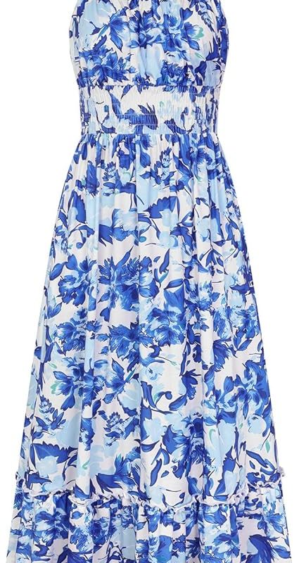 Summer Dresses for Women 2026 Vacation,Smocked Floral Maxi Dress,Boho Beach Sundress with Pocket Fashion Clothing - Blue