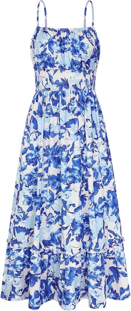 Summer Dresses for Women 2026 Vacation,Smocked Floral Maxi Dress,Boho Beach Sundress with Pocket Fashion Clothing - Blue