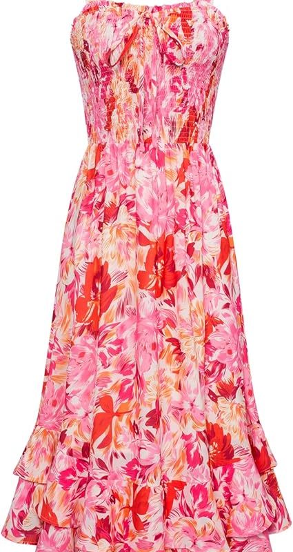 Women's 2026 Summer Floral Boho Dress Square Neck Strapped Swing A Line Sundress Beach Long Maxi Outfits - Red Pink