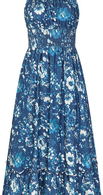 Summer Dresses for Women 2026 Vacation,Smocked Floral Maxi Dress,Boho Beach Sundress with Pocket Fashion Clothing - Dark Blue