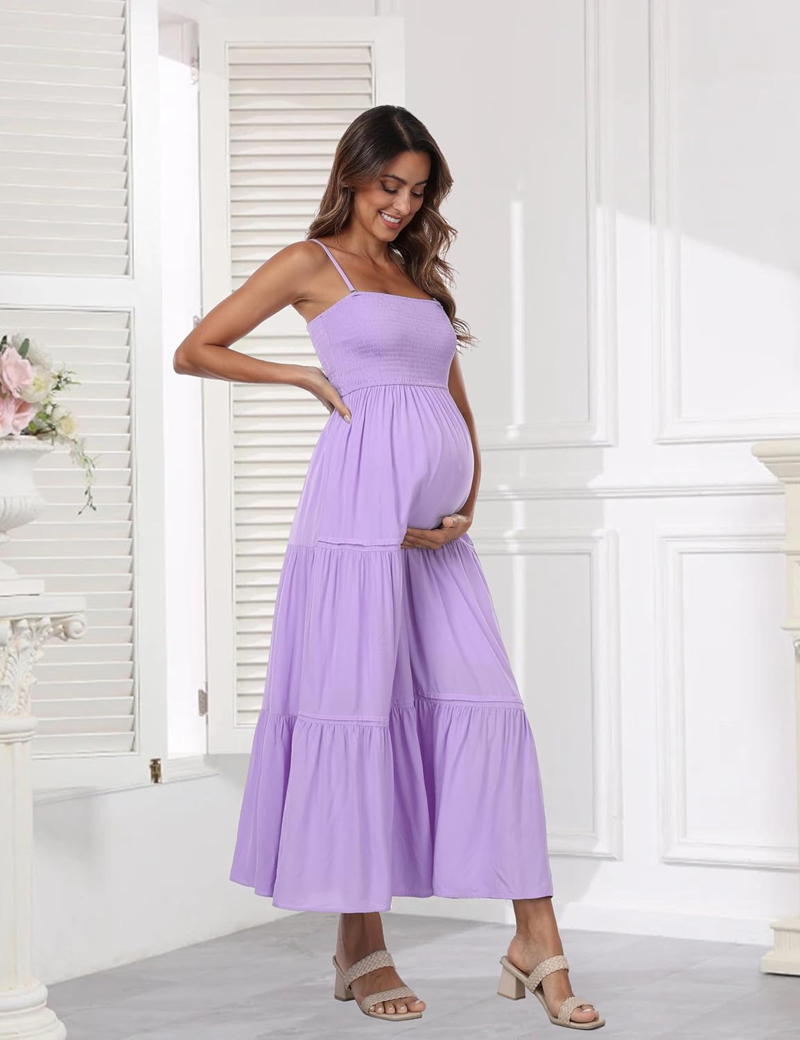 Summer Maxi Dress with Removed Strap, Stapless Bohemian Beach Long Photoshoot/Baby Shower Dresses - Purple - Image 3