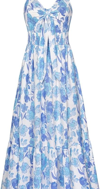 Womens Summer Floral Maxi Dresses 2026 Long Flowy Boho Dress Beach Vacation Sundresses Casual Clothes with Pocket - White Blue Floral