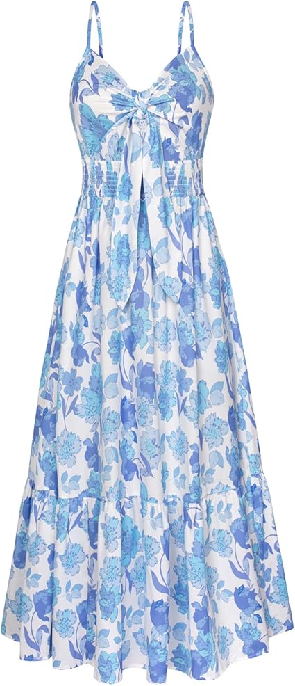 Womens Summer Floral Maxi Dresses 2026 Long Flowy Boho Dress Beach Vacation Sundresses Casual Clothes with Pocket - White Blue Floral