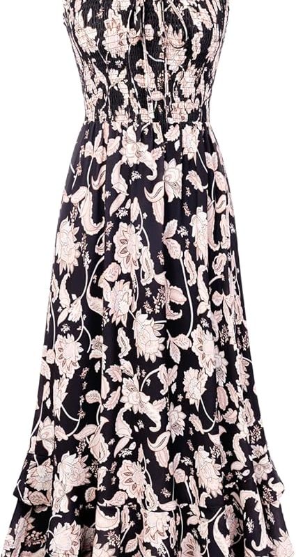 Women's 2026 Summer Floral Boho Dress Square Neck Strapped Swing A Line Sundress Beach Long Maxi Outfits - Black Flower