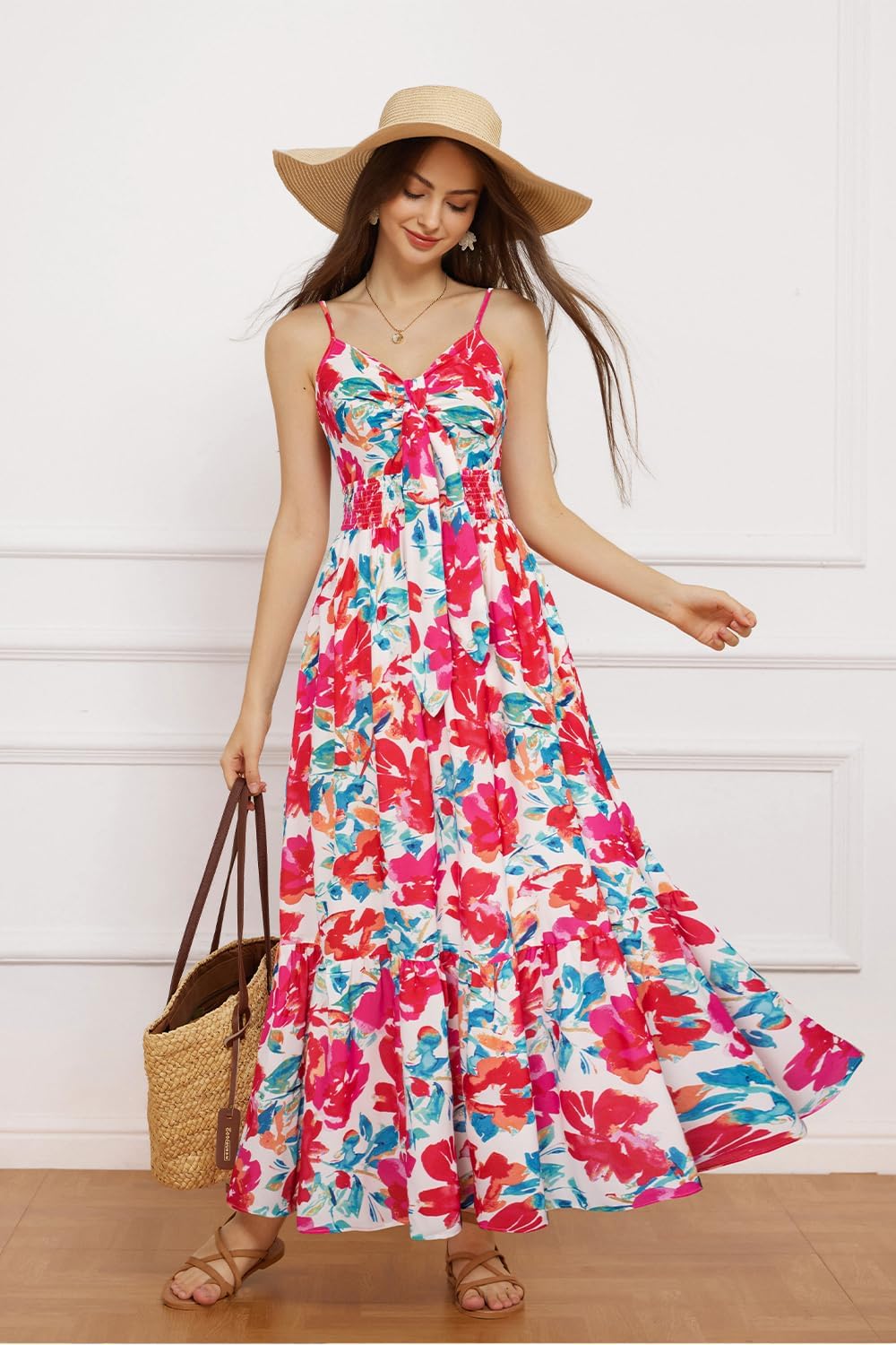 Womens Summer Floral Maxi Dresses 2026 Long Flowy Boho Dress Beach Vacation Sundresses Casual Clothes with Pocket - Red Blue Floral - Image 5