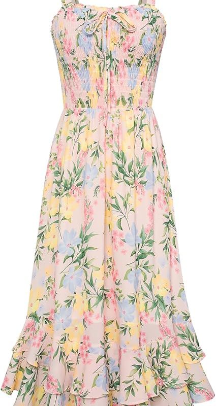 Women's 2026 Summer Floral Boho Dress Square Neck Strapped Swing A Line Sundress Beach Long Maxi Outfits - Blue Yellow