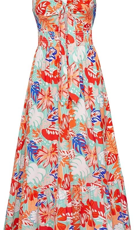 Womens Summer Floral Maxi Dresses 2026 Long Flowy Boho Dress Beach Vacation Sundresses Casual Clothes with Pocket - Green Red Leaves