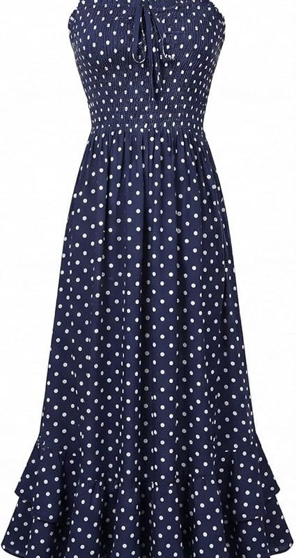 Women's 2026 Summer Floral Boho Dress Square Neck Strapped Swing A Line Sundress Beach Long Maxi Outfits - Navy Blue Dots