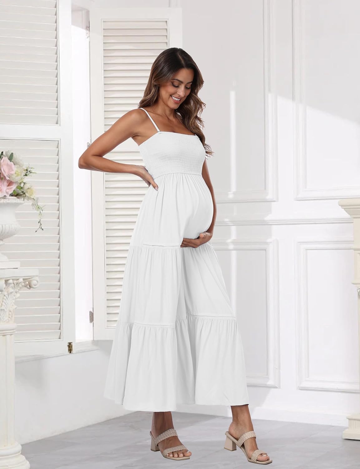 Summer Maxi Dress with Removed Strap, Stapless Bohemian Beach Long Photoshoot/Baby Shower Dresses - White - Image 3