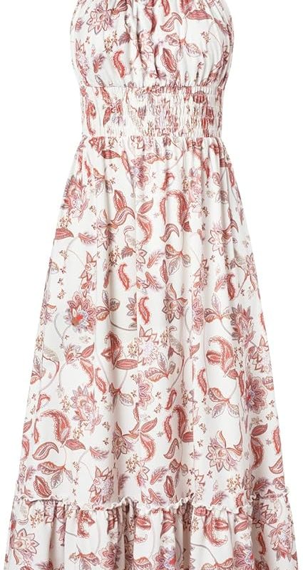Summer Dresses for Women 2026 Vacation,Smocked Floral Maxi Dress,Boho Beach Sundress with Pocket Fashion Clothing - Beige Vine