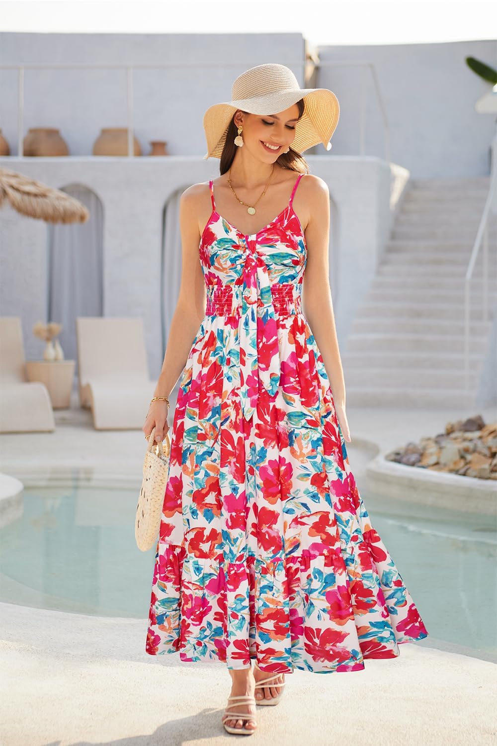 Womens Summer Floral Maxi Dresses 2026 Long Flowy Boho Dress Beach Vacation Sundresses Casual Clothes with Pocket - Red Blue Floral - Image 4