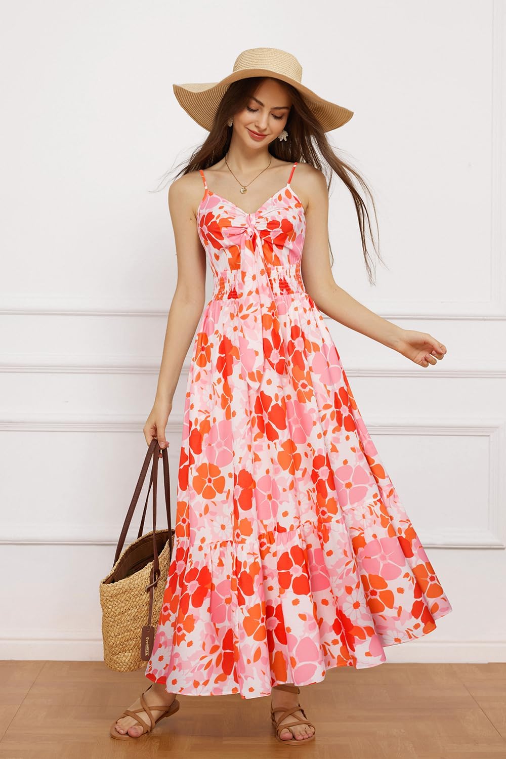 Womens Summer Floral Maxi Dresses 2026 Long Flowy Boho Dress Beach Vacation Sundresses Casual Clothes with Pocket - Orange Pink Floral - Image 5