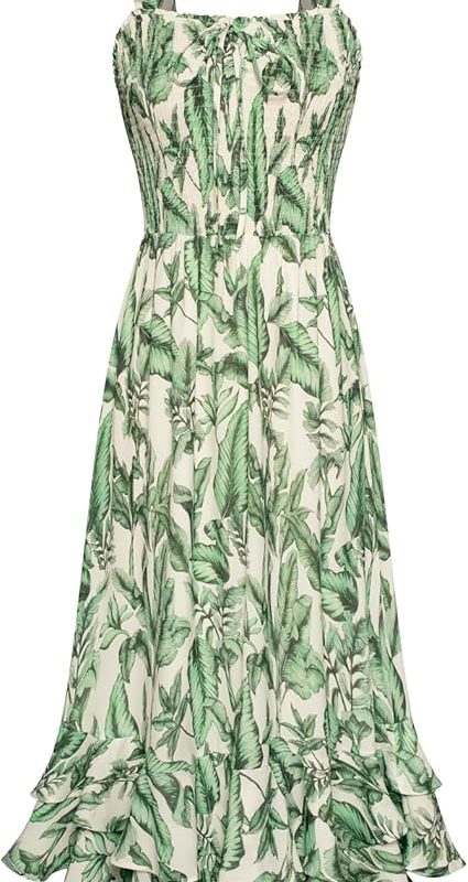 Women's 2026 Summer Floral Boho Dress Square Neck Strapped Swing A Line Sundress Beach Long Maxi Outfits - Green Leaf