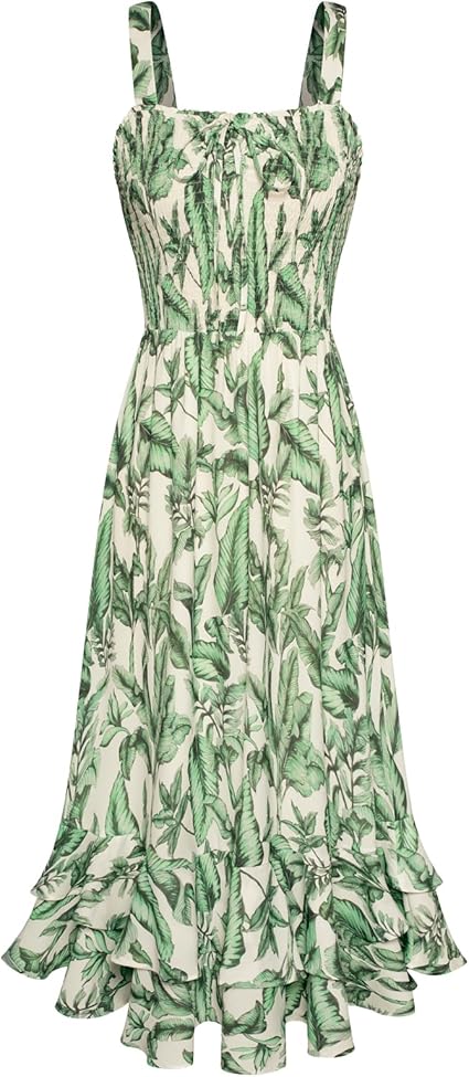 Women's 2026 Summer Floral Boho Dress Square Neck Strapped Swing A Line Sundress Beach Long Maxi Outfits - Green Leaf