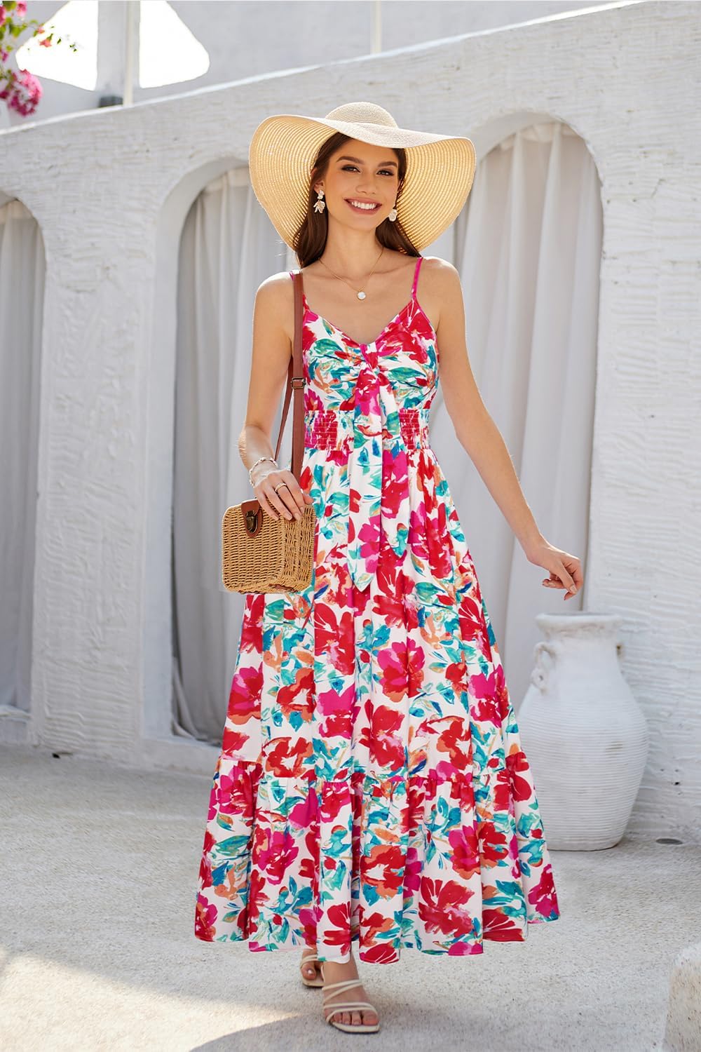 Womens Summer Floral Maxi Dresses 2026 Long Flowy Boho Dress Beach Vacation Sundresses Casual Clothes with Pocket - Red Blue Floral - Image 3