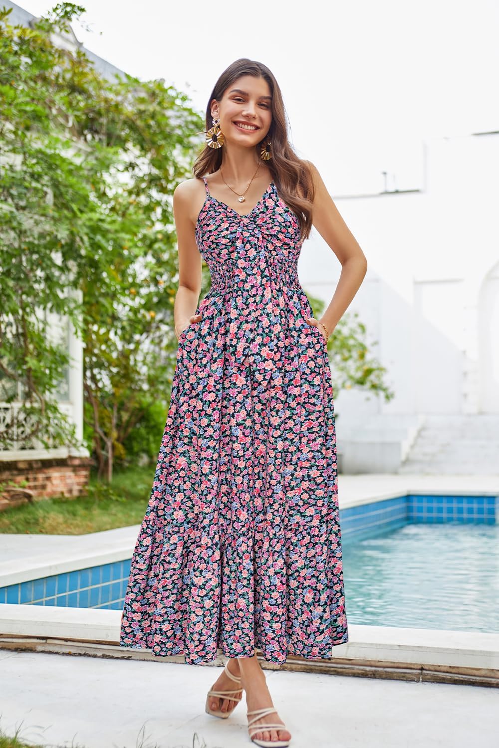 Womens Summer Floral Maxi Dresses 2026 Long Flowy Boho Dress Beach Vacation Sundresses Casual Clothes with Pocket - Purple Pink Floral - Image 2