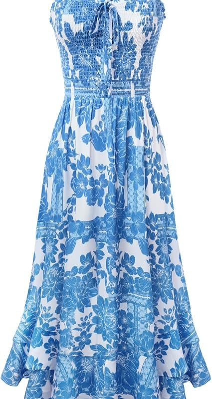 Women's 2026 Summer Floral Boho Dress Square Neck Strapped Swing A Line Sundress Beach Long Maxi Outfits - White Blue
