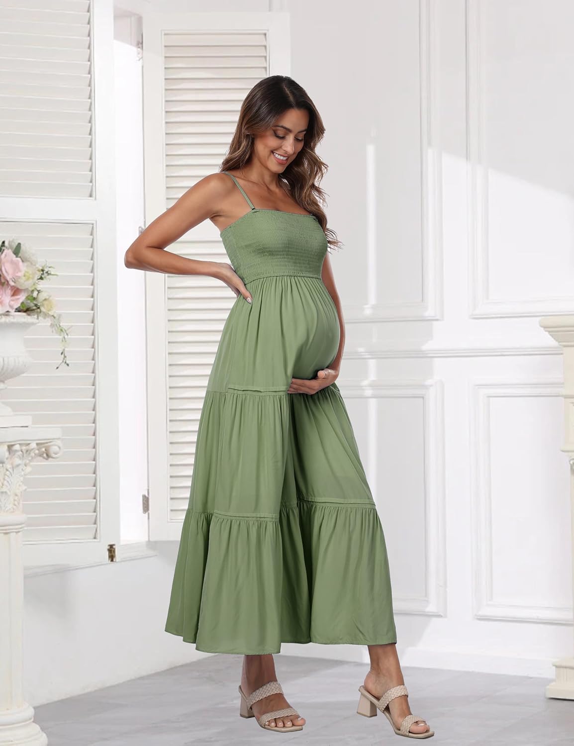 Summer Maxi Dress with Removed Strap, Stapless Bohemian Beach Long Photoshoot/Baby Shower Dresses - Green - Image 3