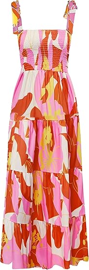 Women's Summer Casual Maxi Dress Spaghetti Strap Square Neck Boho Beach Long Sun Dresses - Orange Floral