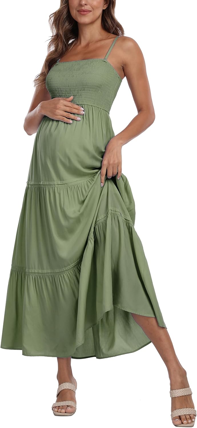 Summer Maxi Dress with Removed Strap, Stapless Bohemian Beach Long Photoshoot/Baby Shower Dresses - Green - Image 4