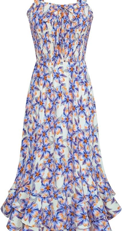 Women's 2026 Summer Floral Boho Dress Square Neck Strapped Swing A Line Sundress Beach Long Maxi Outfits - Blue Floral