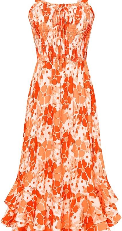 Women's 2026 Summer Floral Boho Dress Square Neck Strapped Swing A Line Sundress Beach Long Maxi Outfits - Orange