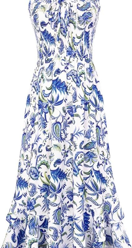 Women's 2026 Summer Floral Boho Dress Square Neck Strapped Swing A Line Sundress Beach Long Maxi Outfits - Blue White Floral