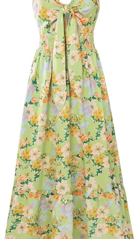 Womens Summer Floral Maxi Dresses 2026 Long Flowy Boho Dress Beach Vacation Sundresses Casual Clothes with Pocket - Green Floral Print