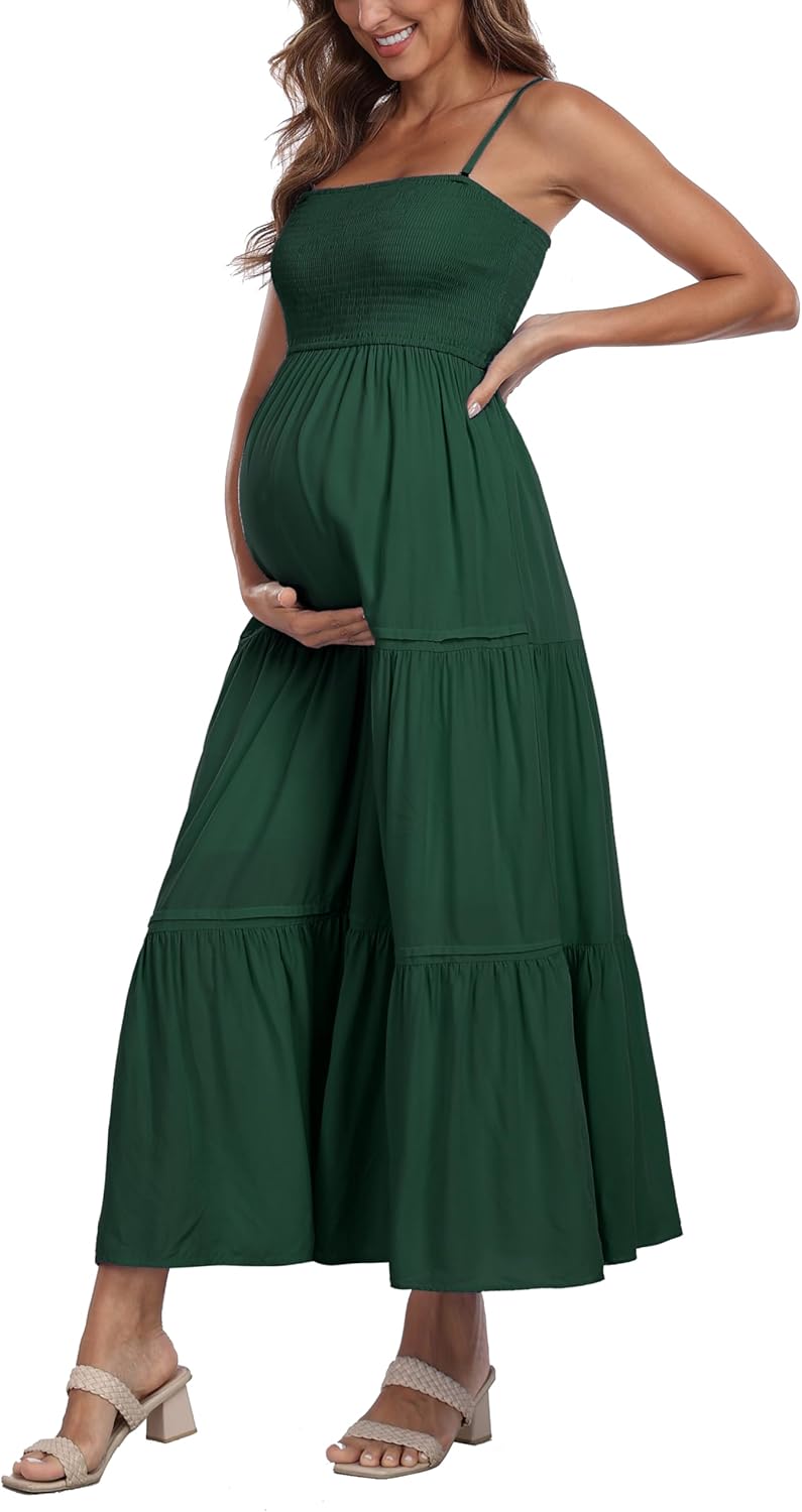 Summer Maxi Dress with Removed Strap, Stapless Bohemian Beach Long Photoshoot/Baby Shower Dresses - Dark Green - Image 2