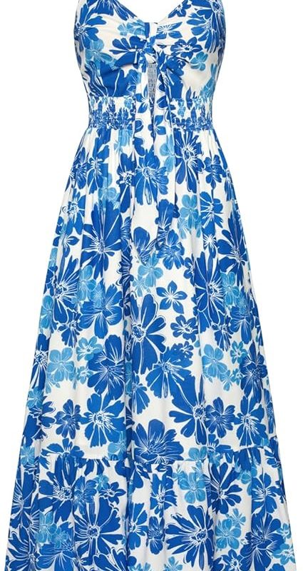 Womens Summer Floral Maxi Dresses 2026 Long Flowy Boho Dress Beach Vacation Sundresses Casual Clothes with Pocket - Blue White Flowers