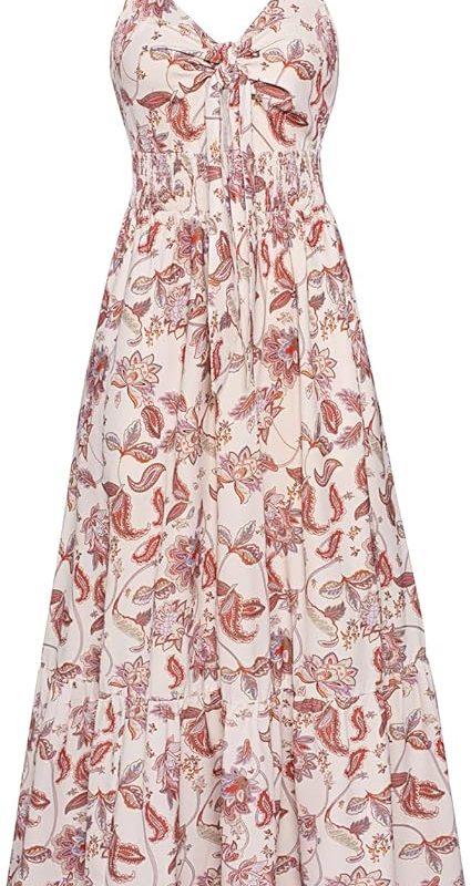 Womens Summer Floral Maxi Dresses 2026 Long Flowy Boho Dress Beach Vacation Sundresses Casual Clothes with Pocket - Beige Boho Flowers