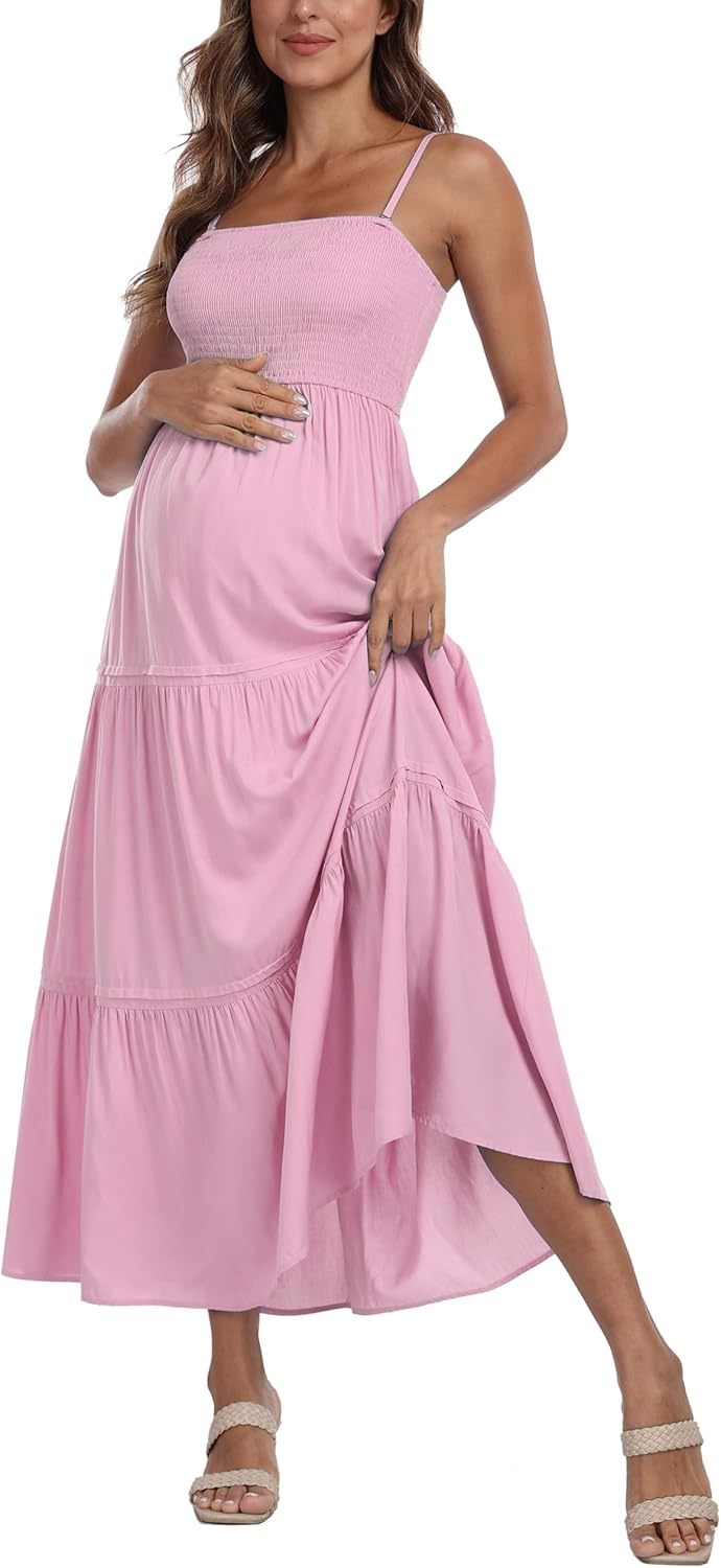 Summer Maxi Dress with Removed Strap, Stapless Bohemian Beach Long Photoshoot/Baby Shower Dresses - Pink - Image 4