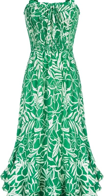 Women's 2026 Summer Floral Boho Dress Square Neck Strapped Swing A Line Sundress Beach Long Maxi Outfits - Green Floral