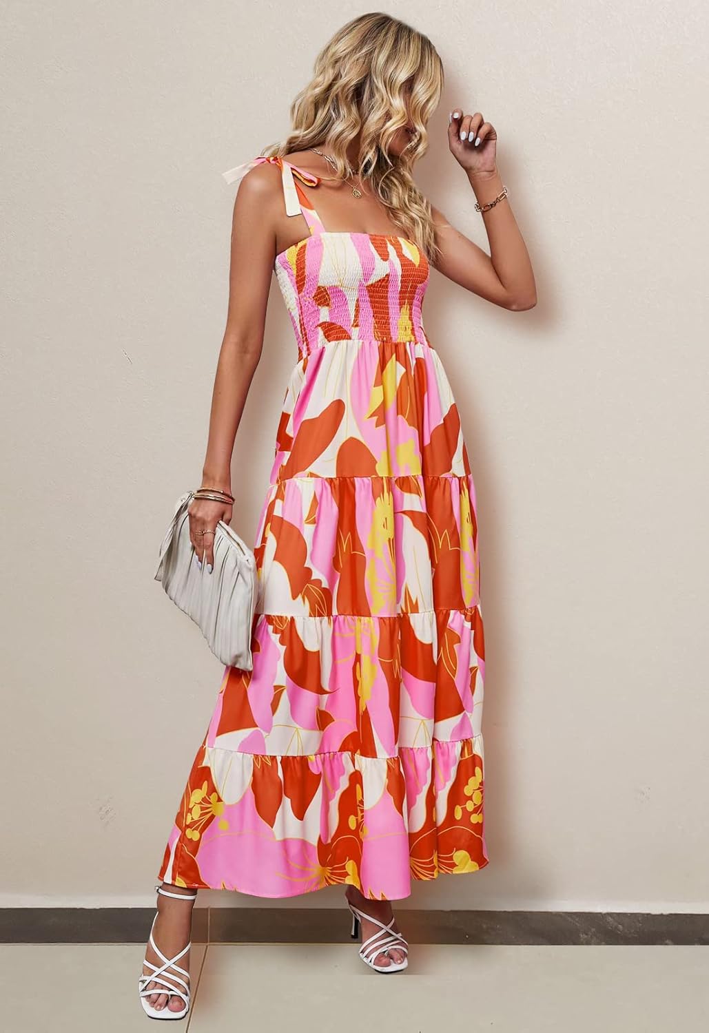 Women's Summer Casual Maxi Dress Spaghetti Strap Square Neck Boho Beach Long Sun Dresses - Orange Floral - Image 3
